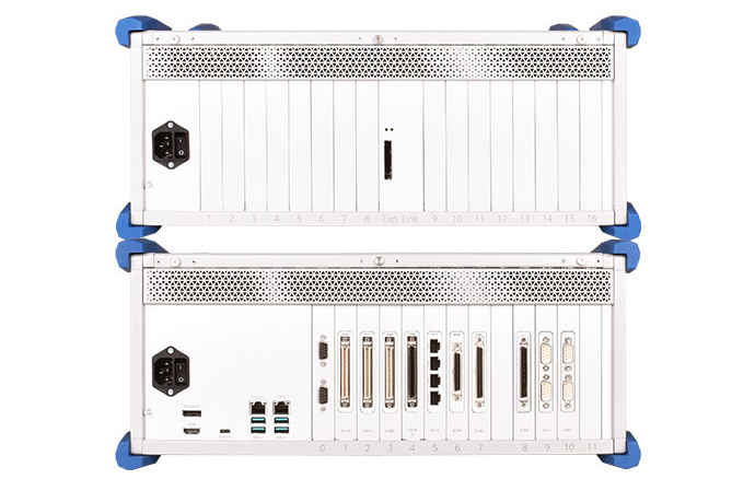 Expansion unit on top (item ID 109390) with 16 additional slots, connected to base unit with 11 I/O slots. Rear I/O access (item ID 109391).